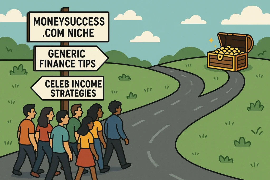 Celeb Income Strategies” (empty, leading to a treasure chest). A signpost reads “Moneysucess.com Niche”