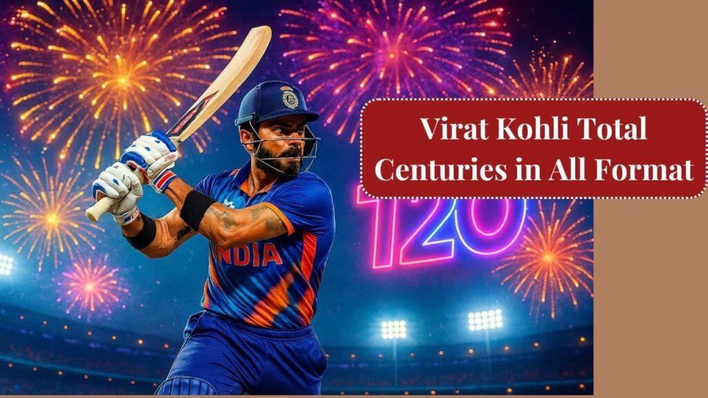 Virat Kohli total centuries in all format – Celebrating Test century in white uniform with red ball and stadium crowd